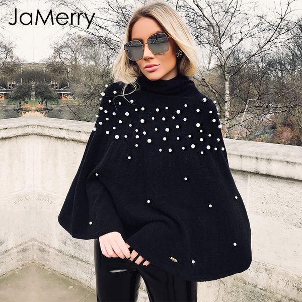 

jamerry beading casual knitting cloak women turtleneck sweater oversized loose pullover winter fashion knitted sweater femme, White;black