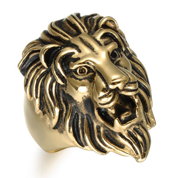 

titanium stainless steel men signet viking rings hip hop vintage punk engrave king animal lion for male hiphop charms jewelry, Golden;silver