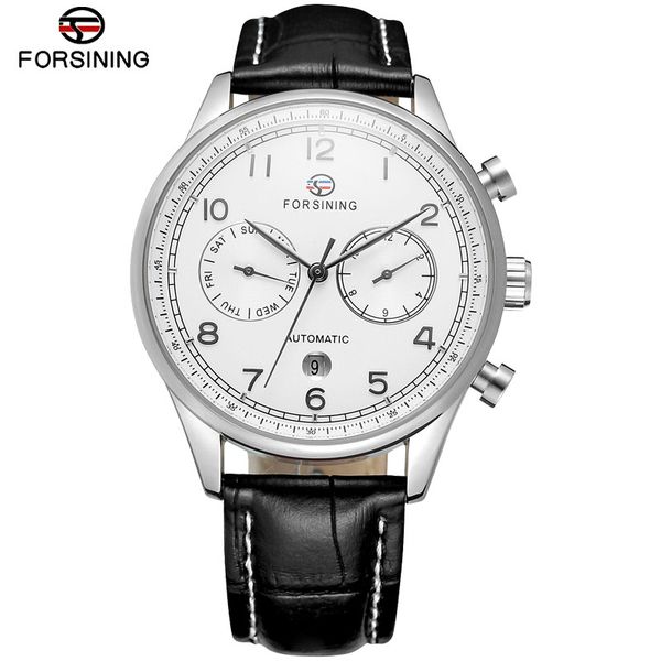 

forsining brand man watch luxury auto self-wind mechanical wristwatch leather strap complete calendar watches, Slivery;brown