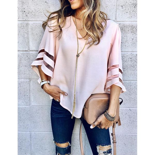 

helisopus 2018 fashion women's casual loose blouse v neck solid color shirts office tulle blosues, White
