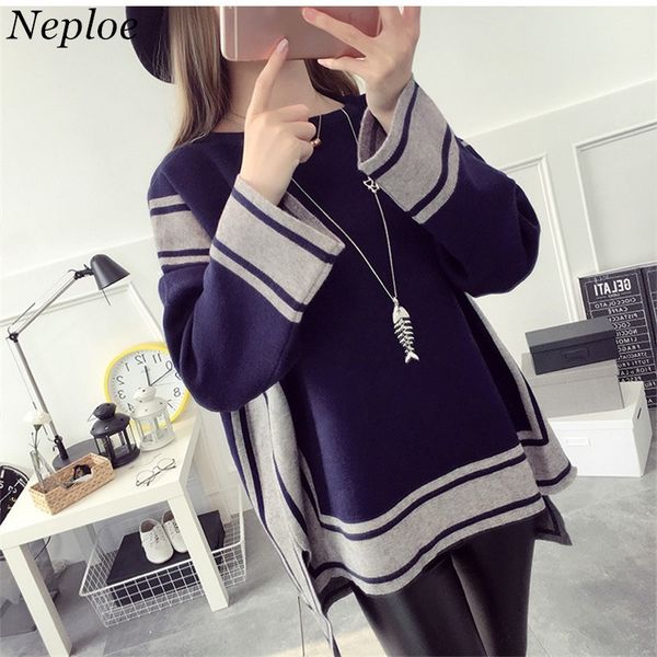 

neploe korean irregular strips women sweater patchwork loose knitted pullovers autumn winter new thick o-neck sueter mujer 68039, White;black