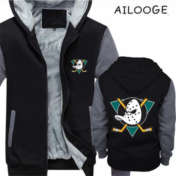 

men winter thick fleece zipper coat mighty ducks hoodies - retro nhl inspired league usa mens fan gift hoodie male jacket, Black