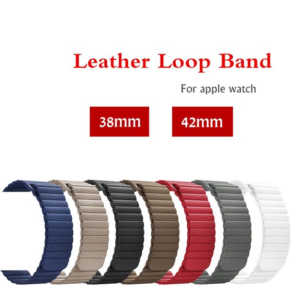 

leather loop strap band 42mm/38mm iwatch 3/2/1 bracelet watchband magnetic closure wrist belt watch accessories, Black;brown