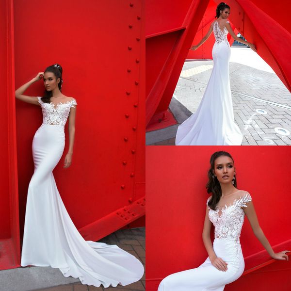 

robe 2019 crystal design mermaid wedding dresses sheer jewel neck cap sleeves lace wedding dress satin appliques beach bridal gowns, White