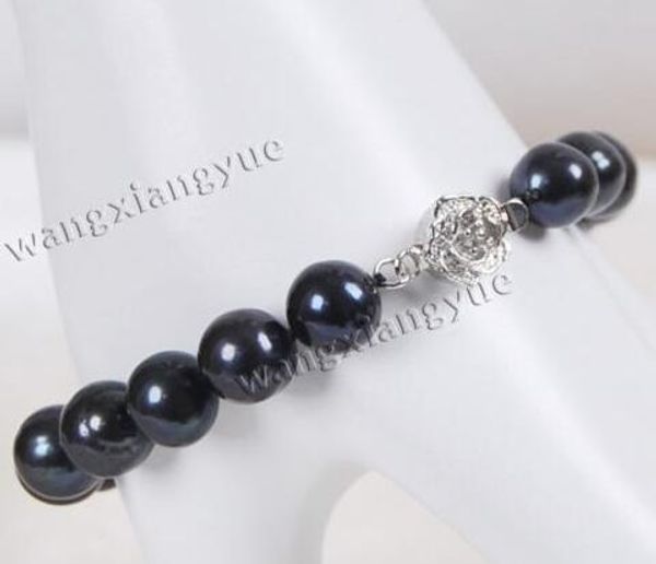 

9-9.5mm genuine black akoya cultured pearl bracelet 7.5" + flower clasp