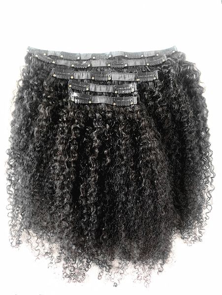 

brazilian human virgin remy hair kinky curly clip in hair weft soft double drawn hair extensions unprocessed natural black color with cloth, Black;brown