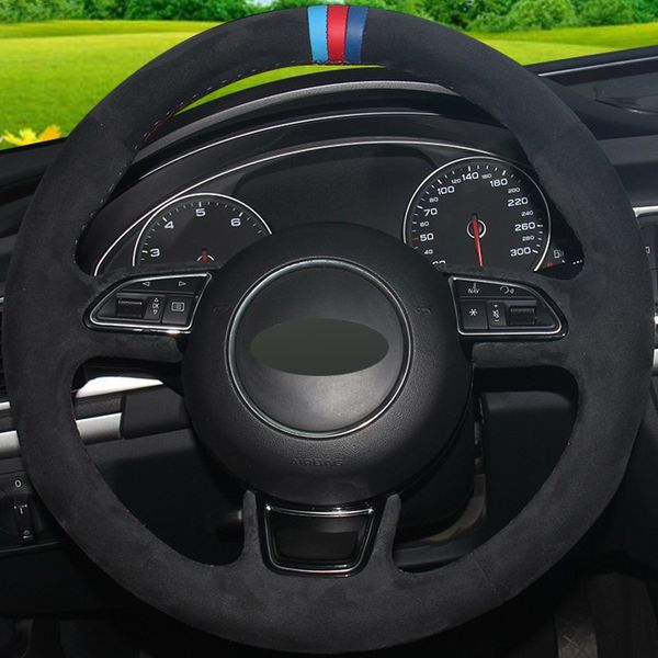 

new black suede diy hand-stitched steering wheel cover for audi a1 a3 a5 a7