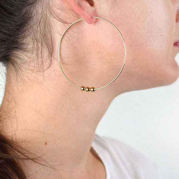 

domino handmade ball hoop earrings large hoop earrings with three bead gift for women birthday gift for her, Golden;silver