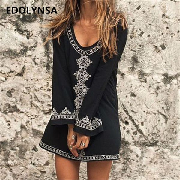 

black embroidery round neck long sleeve mini dress plus size summer beach tunic 2018 women clothes fashion street wear n526, White;black