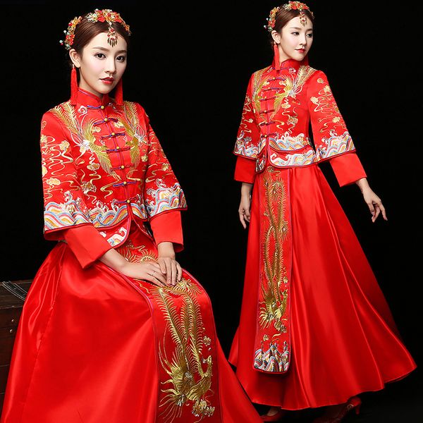 

bride wedding dress traditional chinese style costume phoenix cheongsam embroidery clothing luxury ancient royal red qipao gown