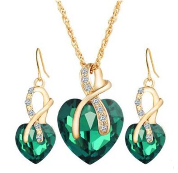 

women's austria zircon crystal alloy necklace earrings jewelry set heart shape pendant stud earrings women's wedding dinner jewelr, Silver