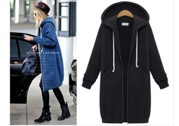 

women long casual coats designer hooded zipper up pockets design solid fleece hoodies jackets, Black