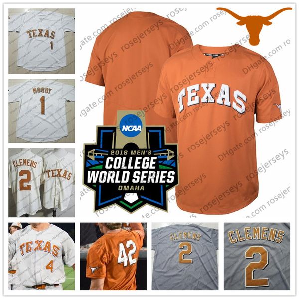 College Baseball indossa un texas longhorns personalizzato Baseball White Orange Cream Grey Grey Nome Nome #2 Kody Clemens 51 Jake McKenzie