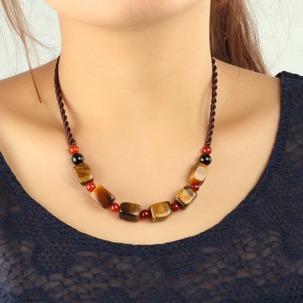 

whole salehandmade tibetan jewelry ethnic necklace vintage natural crystal tiger eye stone black red onyx women choker necklace 2017 0296, Golden;silver