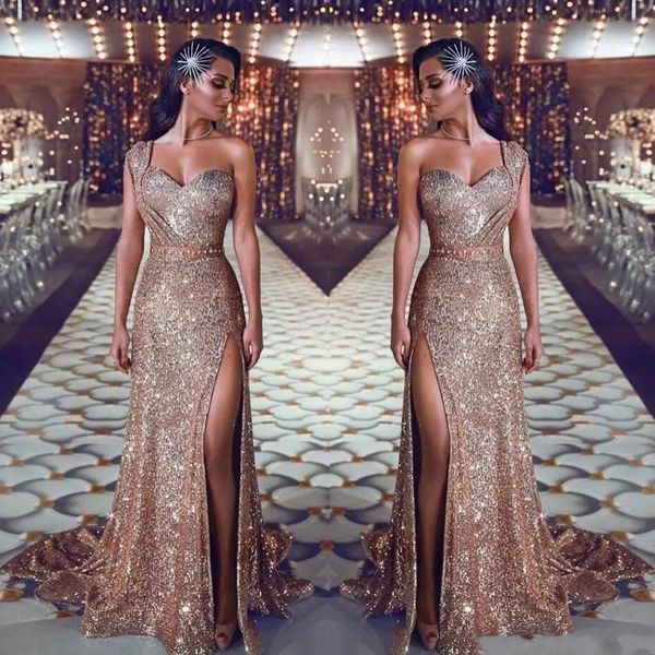 

2019 Sparkly One Shoulder Sequin Mermaid Prom Dresses Ruched Split Beaded Waistband Party Gowns Sweep Train Plus Size Evening Gowns BC0131