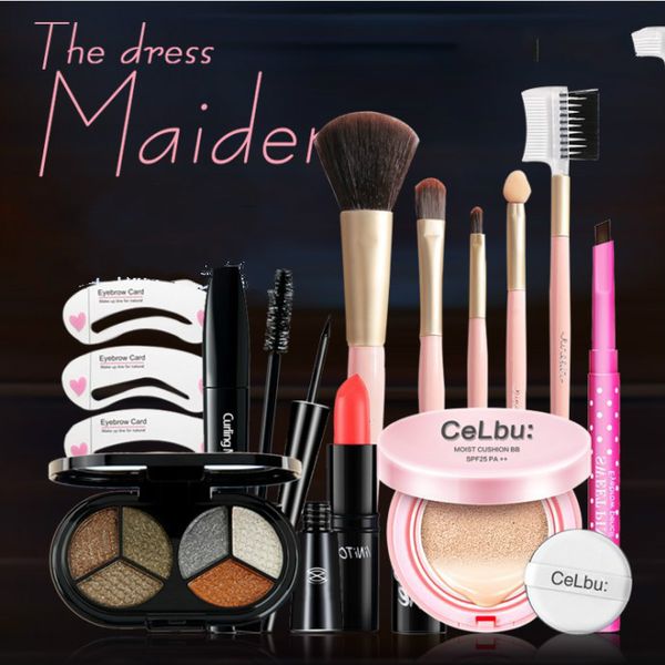 

cosmetic set, including lipstick, eyeliner, mascara, eye shadow, eyebrow pencil, air cushion bb cream, thrush card makeup brush