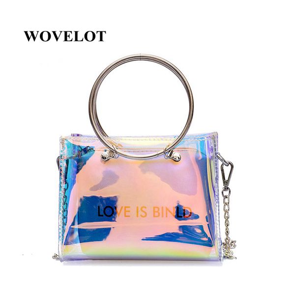 

fggs laser-jelly handle tote women transparent bag clear pvc jelly small tote messenger bags female crossbody shoulder bags