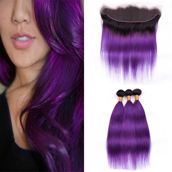 Grosshandel Dark Roots Purple Ombre Hair Bundles Mit Frontal Lace Closure Silky Straight 2 Tone 1b Lila Ombre Brasilianische Haarwebart Mit Frontal