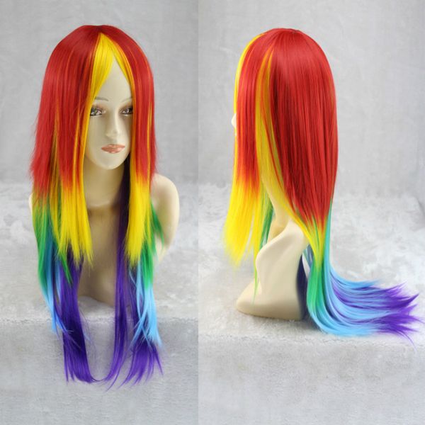 70 cm lange synthetische Cosplay-Regenbogen-Perücke, mehrfarbig, hitzebeständig, Cosplay-Party/täglich, weiches Haar, Peruca Peluca