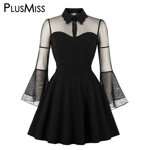 

plusmiss plus size mesh sheer lace gothic lolita party dresses women big size vintage retro bell flare sleeve dress ladies, White;black