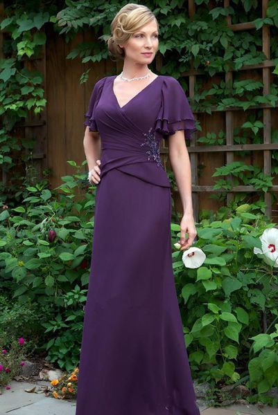 

New 2018 Mother of the Bride Dresses V Neck Ruched Short Sleeves Prom Dresses Long Chiffon Evening Party Gowns