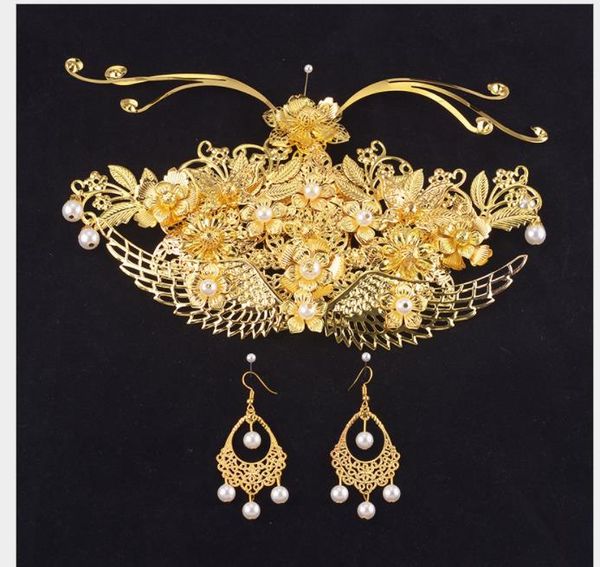 

2018 bridal gold, chinese style costume, tiara, hairpin, long tassel, hairpin, wedding dress, accessories, Slivery;golden