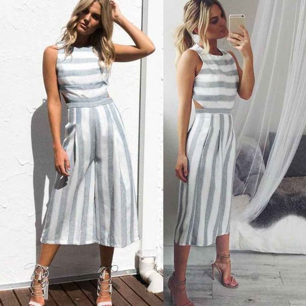

2018 women's sleeveless striped jumpsuit casual loose trousers fashion leotard catsuit combination femme wide leg pants overalls, Black;white