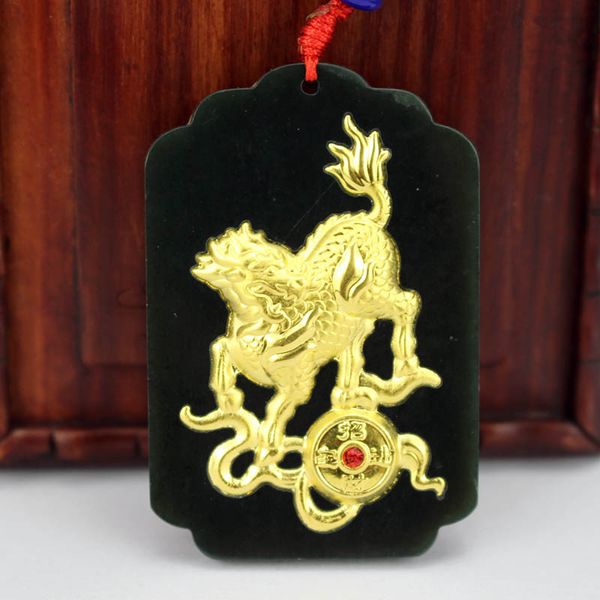 

vogue design jade necklace pendant hetian jade golden unicorn men women blackish green pendants certificate boxed, Silver