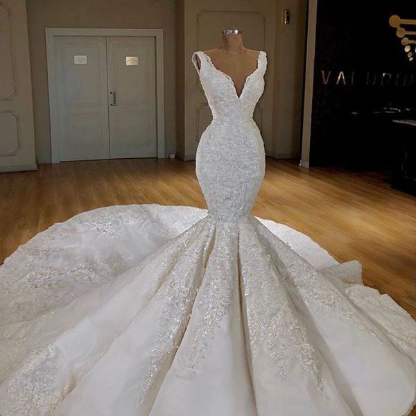 

dubai corset mermaid wedding dresses deep v-neck sleeveless lace appliques wedding gowns custom made sweep train bridal wedding dress, White