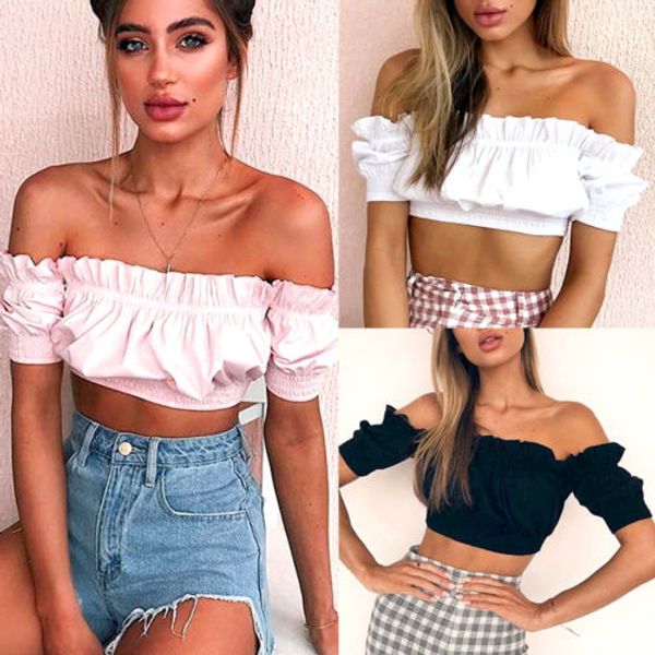 

women off shoulder casual shirt vest short new fashion crop top, White