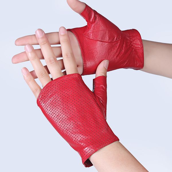 

genuine leather semi-finger gloves female spring and summer dance breathable cutout slip-resistant half finger sheepskin, Blue;gray