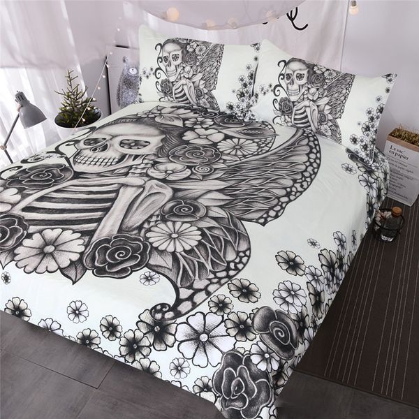 Gothic Skull Bedding Set Retro Butterfly Rose Comforter Cover