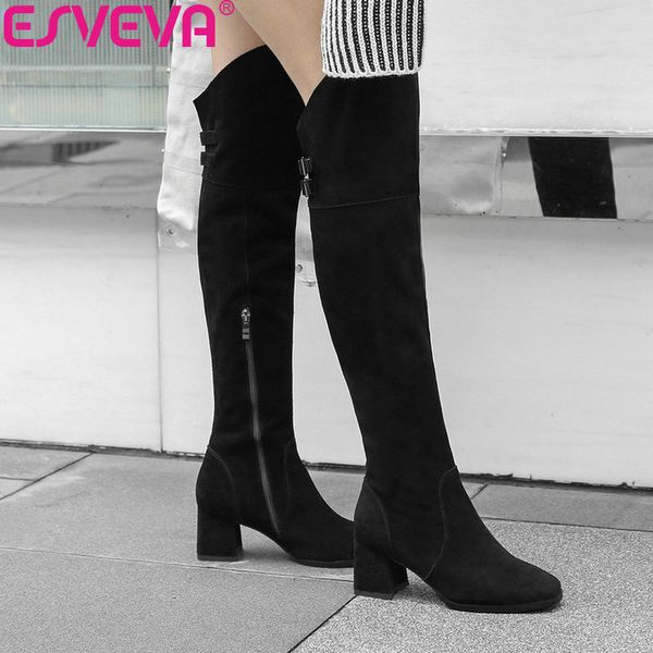 

esveva 2019 shoes women short plush square toe over the knee boots cow suede square high heels autumn boots for woman size 34-39, Black