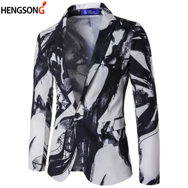 

2018 men ink fire print suit autumn spring male performance jacket slim blazer men's outerwear blazer jacket for party, White;black