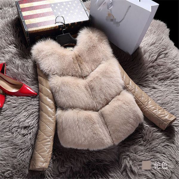 Wholesale- 2017 New Winter Fashion Women's Luxurious Faux  Fur Coat Slim Fit Faux Sheep Skin Leather Outerwear Detachable Parkas A1399
