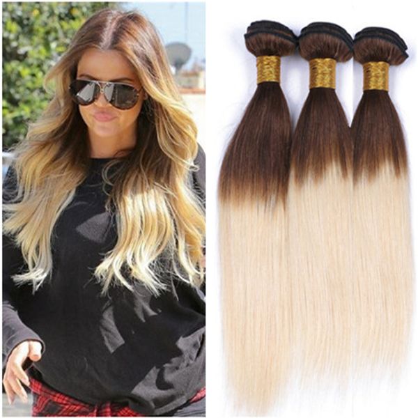 

peruvian brown to blonde ombre human hair bundles deals 3pcs straight #4/613 brown root blonde two tone ombre human hair weft weaves, Black