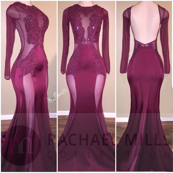 

burgundy mermaid evening dresses jewel neck lace applique backless long sleeves floor length formal lace prom dresses yousef aljasmi, Black;red