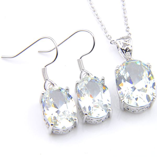 

luckyshine 5 sets crystal rhinestone sets white ellipse earrings and pendant chain necklace silver women wedding sets free