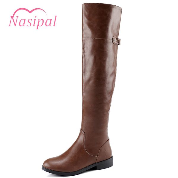 

nasipal knight boots pu leather knee high boots women buckle strap knight shoes woman zipper short plush winter footwear m307, Black