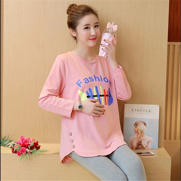 

new arrival 2018 pregnant women spring fashion letter printing button o neck long sleeve t shirt tees maternity cotton shirts, White