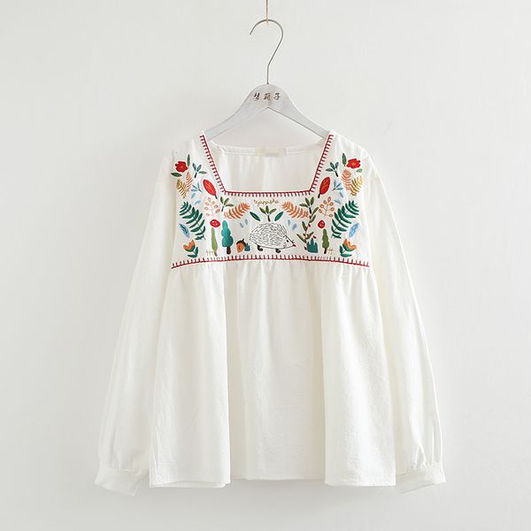 

kyqiao womens and blouses blusas mujer de moda 2018 mori girls autumn square collar long sleeve embroidery blouse shirt, White