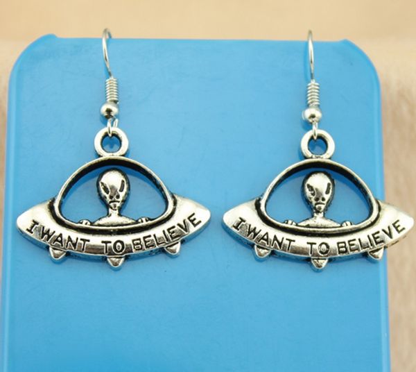 20 Paar Vintage tibetische Silberlegierung „I Want To Be Believe Alien UFO“ baumelnde Ohrringe für Damenschmuck