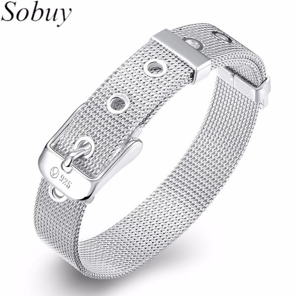 

sobuy silver bracelet for men women 10mm width mesh bracelet strap simple silver plated belt double buckle fashion jewelry, Golden;silver