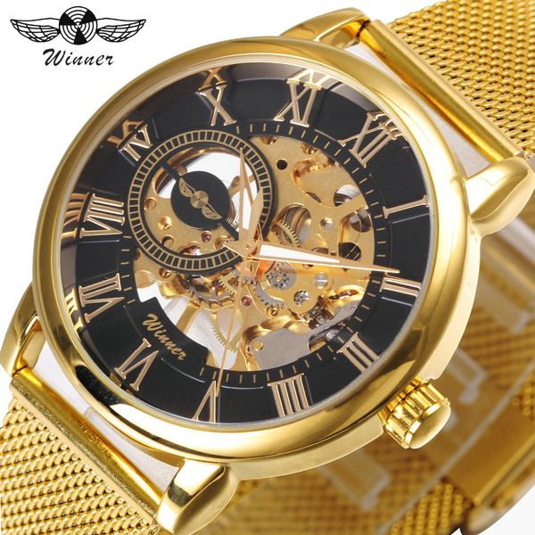 

forsining dress fashion men mechanical watch mesh strap roman number skeleton dial wrist watches, Slivery;brown