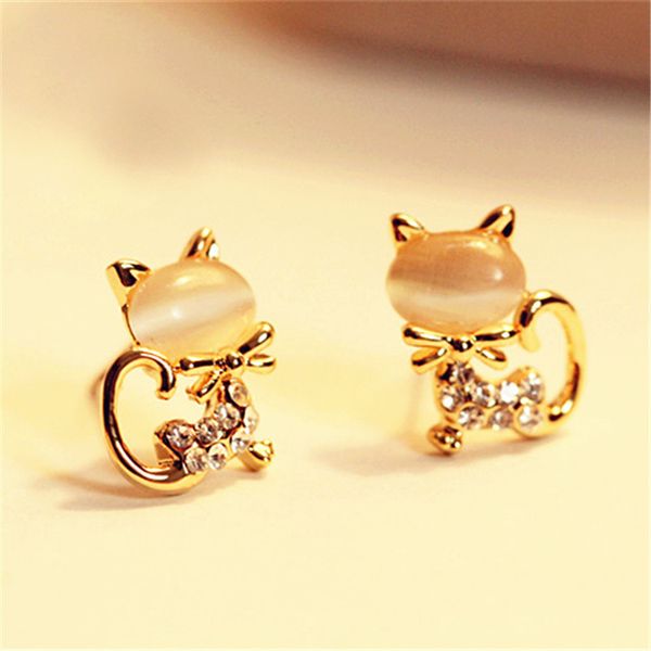 

new fashion crystal eyes cat earring cute fine black kitten animal jewelry piercing ear stud earrings for women girl, Silver