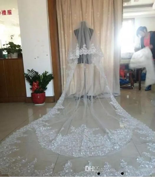 Venda quente de luxo imagem real véu de casamento três metros longos véus laço lace cristais applique dois camadas comprimento de catedral barato véus nupciais