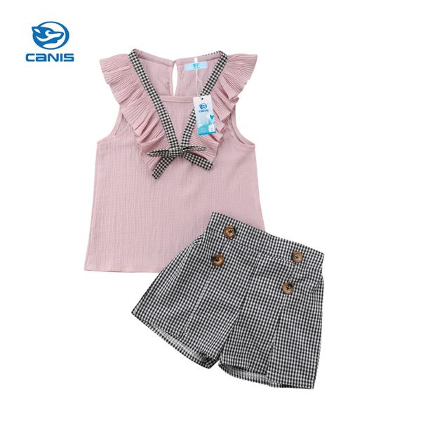 

new fashion toddler kids baby girls outfits clothes ruffles sleeveless t-shirt +plaid shorts 2pcs set 2-7y, White