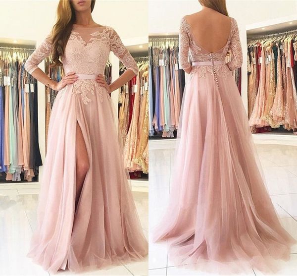 

blush pink evening dresses with 3/4 sleeves a-line appliques tulle split-front evening dress sheer neck backless formal prom gowns, Black;red