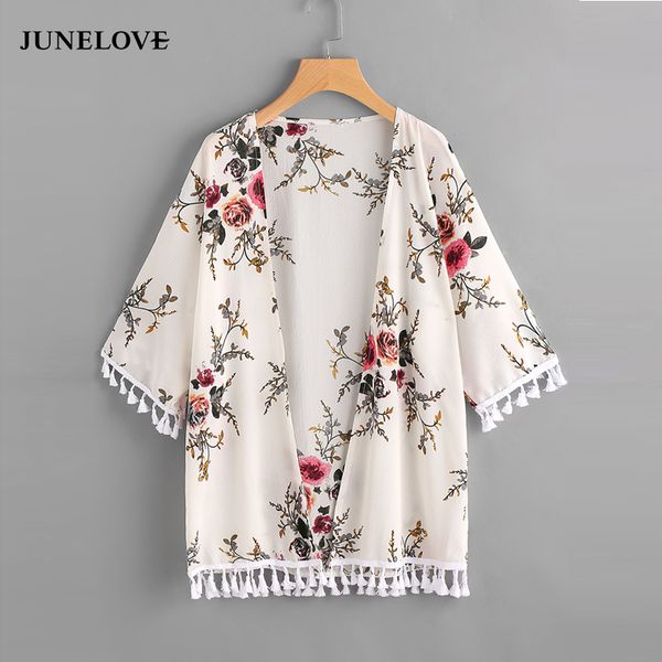 

junelove 2018 лето v шеи шифон цветочный принт блузка половина рукава рубашки повседневные мода кисточкой свободные пляж blusas синий красны, White