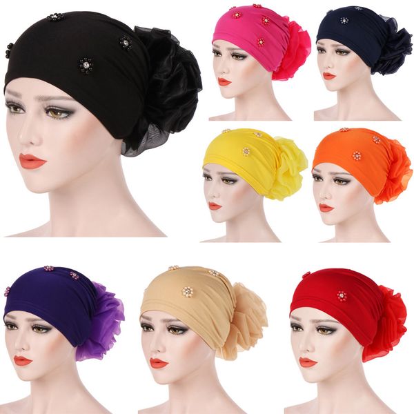 

feitong women beading india hat muslim ruffle cancer chemo beanie scarf turban wrap cap 2018 new arrival, Blue;gray